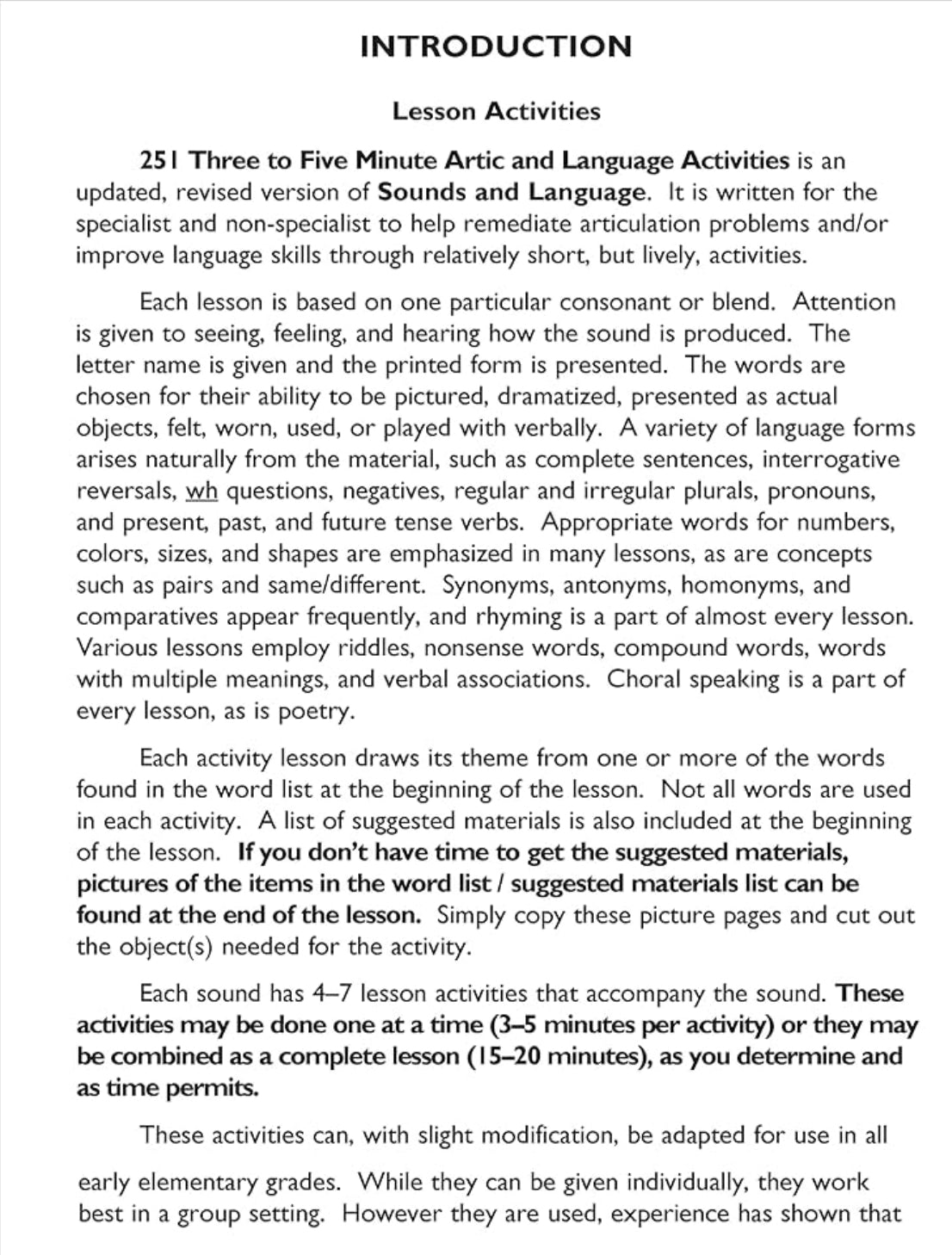 251 Three to Five Minute Artic and Language Activities
