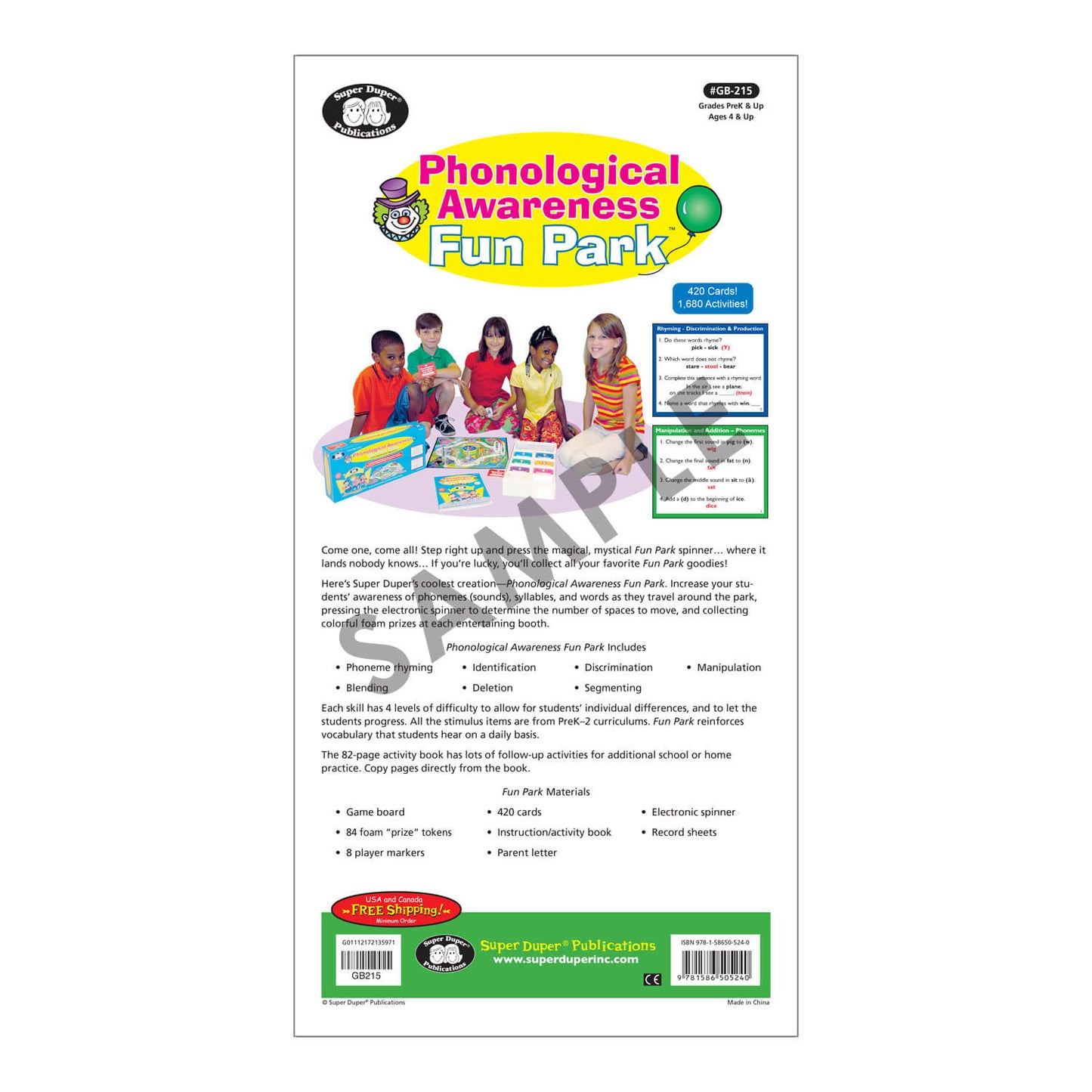 Phonological Awareness Fun Park Board Game with Electronic Spinner
