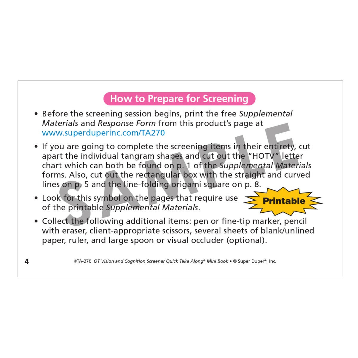 OT Vision and Cognition Screener Quick Take Along