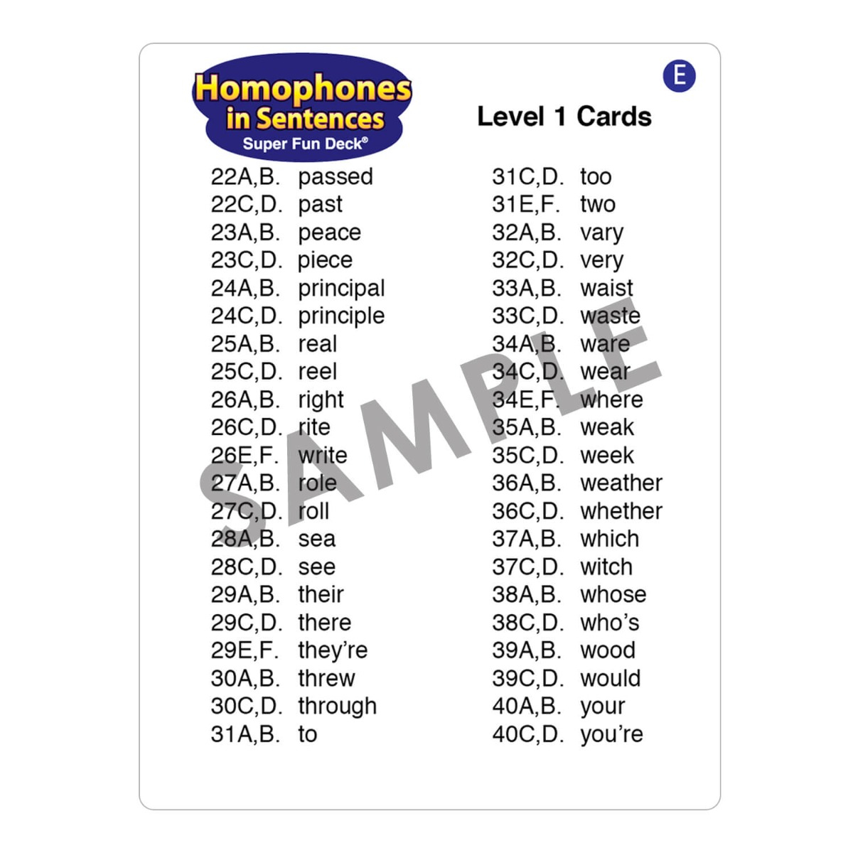 Homophones in Sentences Fun Deck