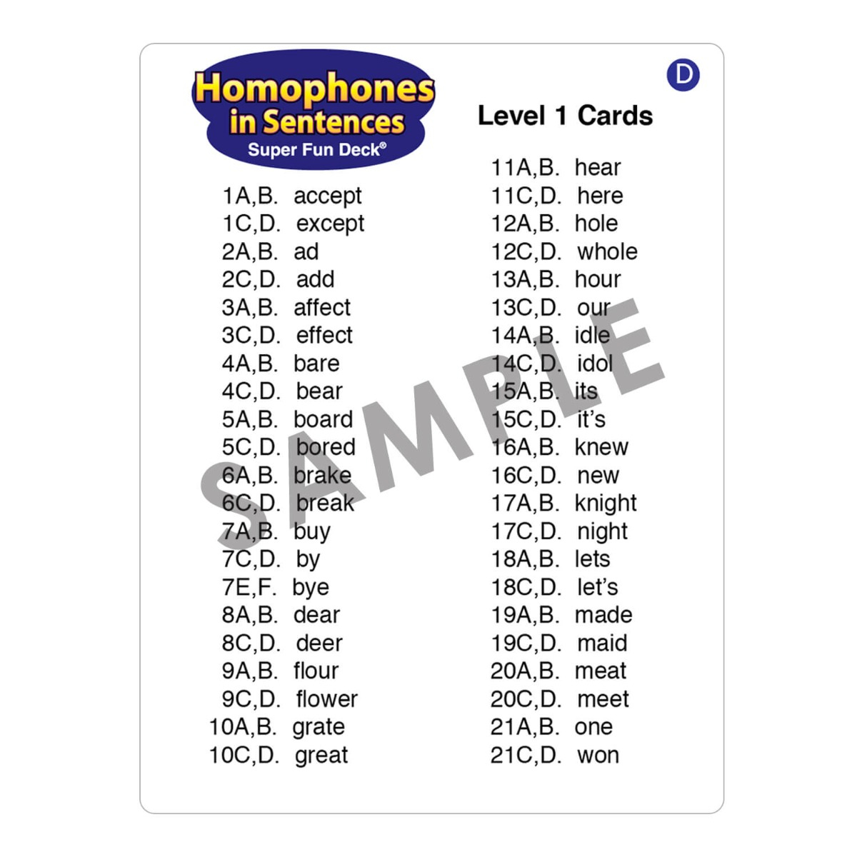 Homophones in Sentences Fun Deck
