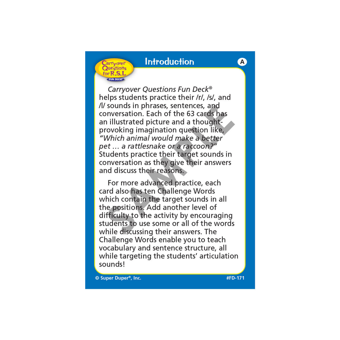 Carryover Questions for R, S, L Fun Deck