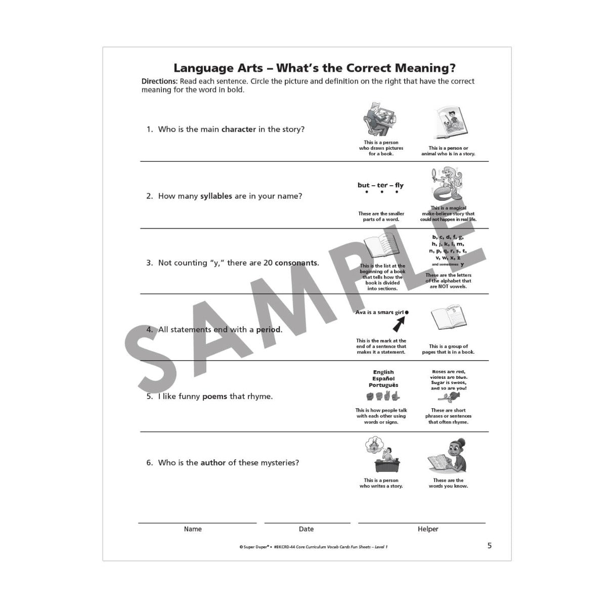 Webber Core Curriculum Vocabulary Cards Fun Sheets - Level One