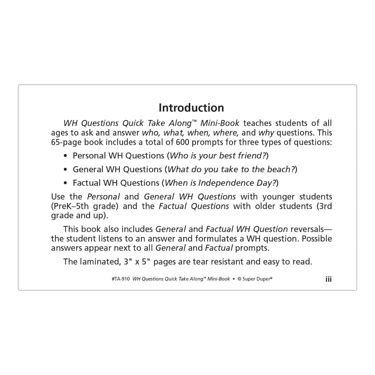 WH Questions Quick Take Along